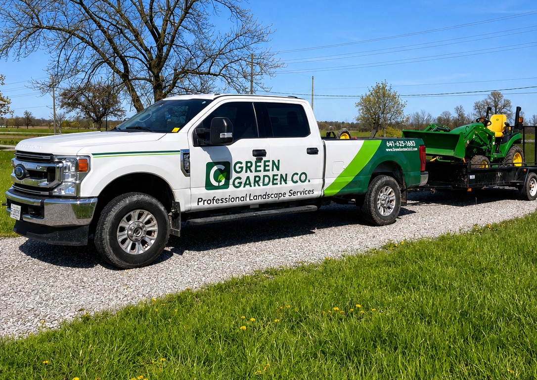 Green Garden Co. truck and trailer with lawn care equipment